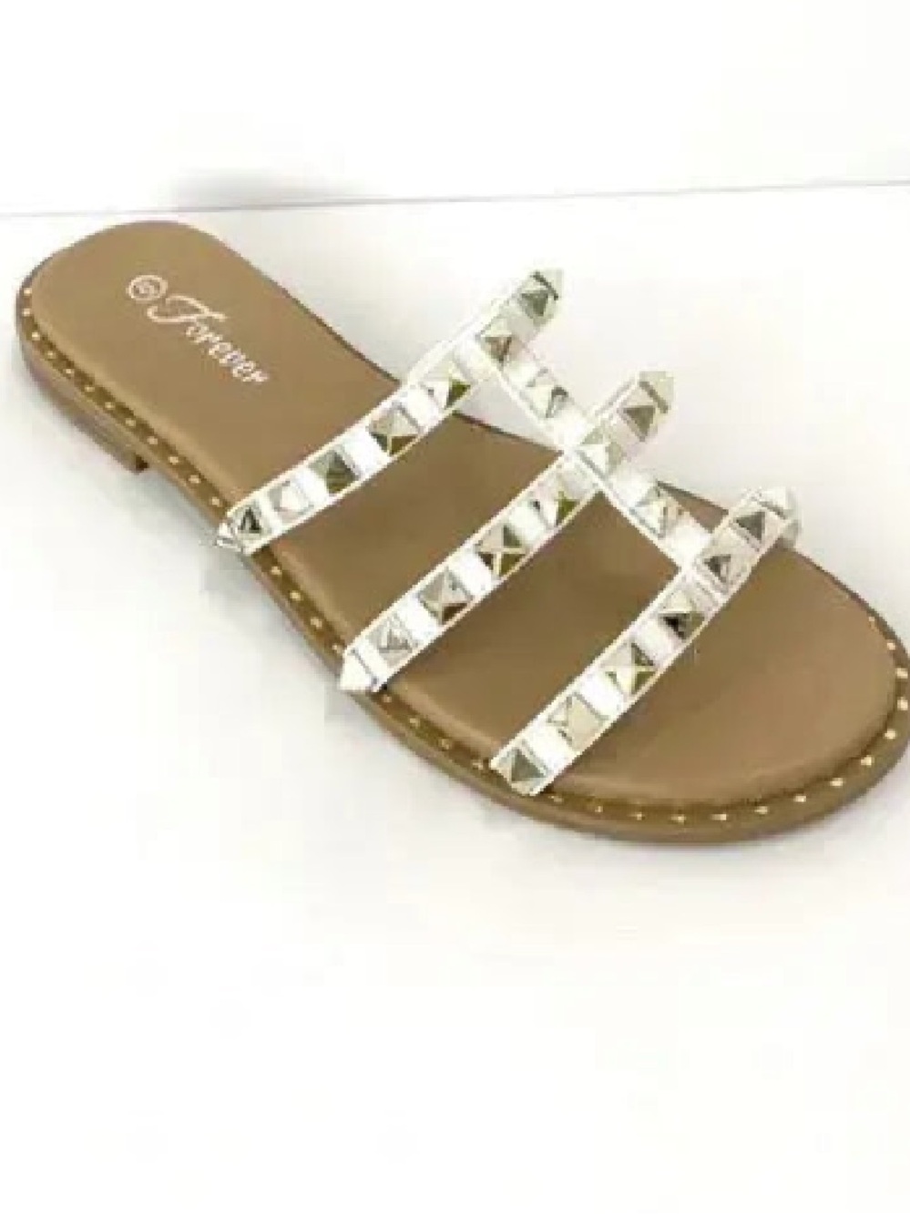 Forever White Studded Rhinestone Glossy Slip on Sandals